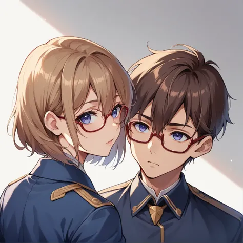 (masterpiece, best quality, very aesthetic, ultra detailed), 1 girl,intricate details,short brown / brunette haired, blue eyes, red frame glasses, kif uni blue uniform, 1guy, shaggy light brownish hair, purple eyes, headphones around neck, soft features, B...