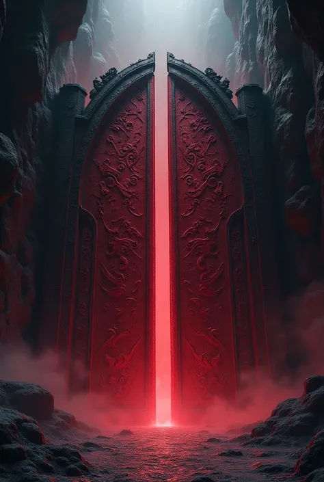 giant closed locked evil red gates of a dungeon with ancient runes in a dark gloomy cave of darkness