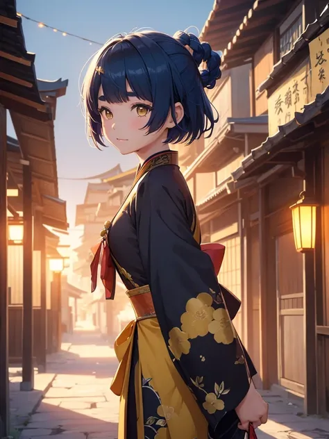 (xiangling), 1girl, wearing a dark yellow colour long japanese kimono, at a village, (dark blue colour short hair),(xiangling's ...