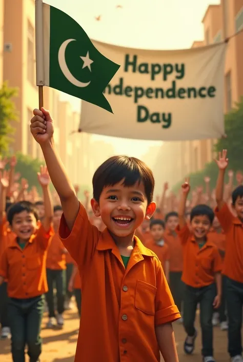 kid in orange school uniform, holding Pakistan flag, other kids celebrating in background, warm sunlight, patriotic atmosphere, Independence Day of Pakistan celebration. Having a banner happy independence day clearly written on it. 