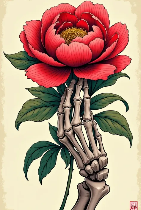 Create a peony with a skeleton hand holding it in a traditional style with color harmony and in tattoo style