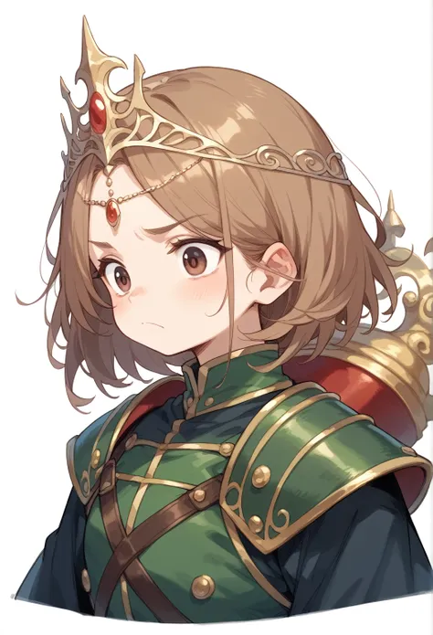 Leather armor、A small circular shield in the left hand、rapier in right hand、pale brown hair、Brown Eyes、Monastic uniform、White background、Character portrait、whole body,Deformation、Circlet、Anxious face