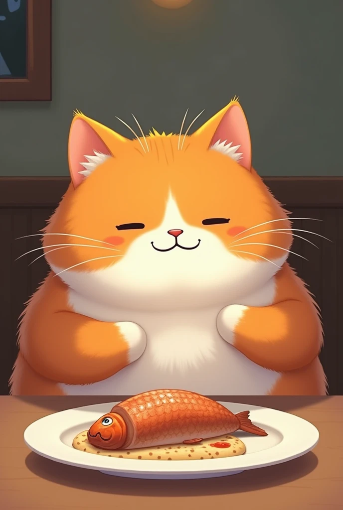 Fat cat eating fish on a plate