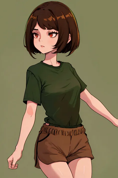 ((best quality)), ((masterpiece)), (detailed), undertale chara, brown hair, (brown shorts: 1.3), bob cut, short hair, black pant...