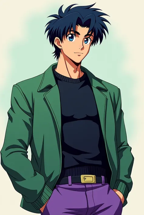 Mamoru chiba sailor moon 90s anime style, middle hair and fluffed, beautiful face, blue eyes, purple pants, green jacket, black sweater and muscular body with abs