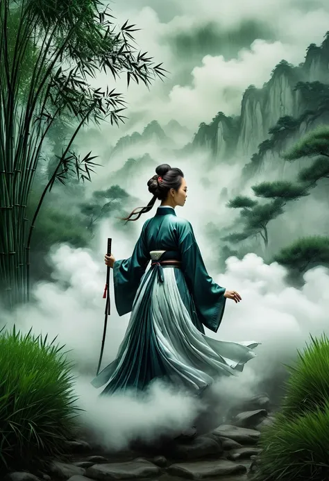 A woman in Hanfu stands among the bamboo groves, an epic fantasy scene with dark clouds in the sky and smoke effects, in the style of a Chinese ink painting depicting the martial arts world with cloud mist effects, like movie footage