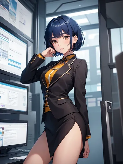 (xiangling), 1girl, wearing a office suit, black tight skirt, at an office , (dark blue colour short hair),(xiangling's hair sty...