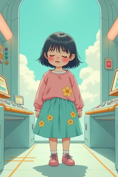 An emotion of a chubby, alone, funnily girl in a pastel pink shirt and a pastel turquoise skirt with pastel yellow flower details inside the funnily control room 