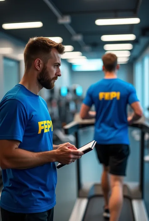 Make a trainer holding a notebook perform a kinesiological analysis on an athlete running on the treadmill . Have them both wear gym clothes with a blue t-shirt and FEPI written in yellow and blue at the back of the room..