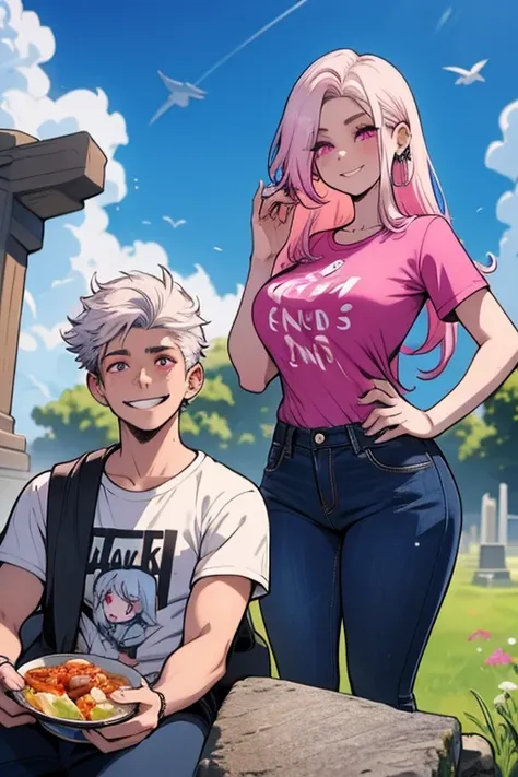 One man. One woman. Perfect faces. Perfect hands. A pink haired woman with violet eyes with an hourglass figure in a summer dress is eating lunch with a young white haired man with red eyes in a t-shirt and jeans in a cemetery with big smiles