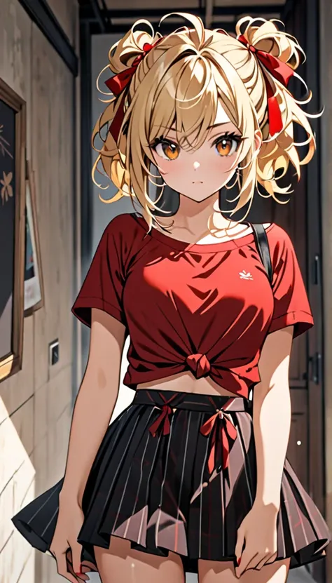 Beautiful and blond, messy styled hair, tied hair, red ribbon, red top, stylish skirts, looking at the viewer 