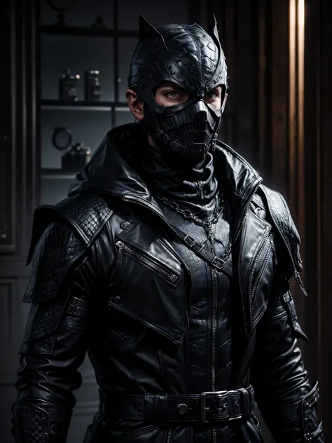 (Name: Hazel Shadowrim 40 Year-old Male), Using Black Mask that similar to Reptile, Using Dark Cool Leather Outfit, With dark Laboratory Background