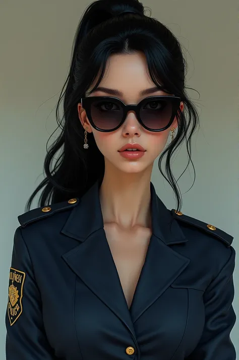 A woman is one sixty nine tall, black hair, tied with a ponytail at mid-head height; retro model dark glasses, Her face was not lightly made up , White skin, and thin face, light eyes, profiled nose. Dressed in a police uniform with the top three buttons u...