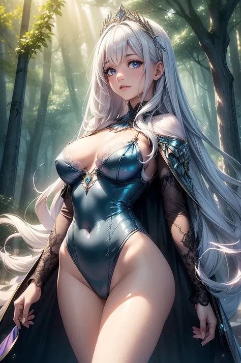 (masterpiece, best quality, cinematic, photorealistic, ultra-detailed), 1girl, female fairy, (wide shot, from the front:1.5), perfect body, wide hips, bursting breasts, long round legs, round ass, (long hair, flowing waves with a side-swept bang), (silver ...