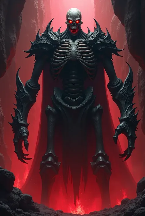 a giant skeleton monster with a powerful dark evil dark armor in a dark reddish shadowy cave