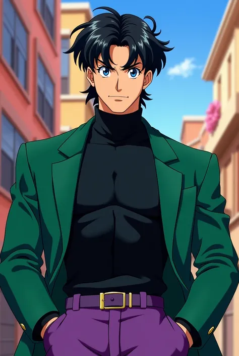 Mamoru chiba sailor moon 90s anime style, middle hair and fluffed, beautiful face, blue eyes, purple pants, green jacket, black sweater and muscular body with abs and big penis