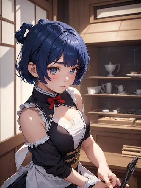 (xiangling), 1girl, as a maid, wearing a maid outfit, at a house, (dark blue colour short hair),(xiangling's hair style) 8k, hig...