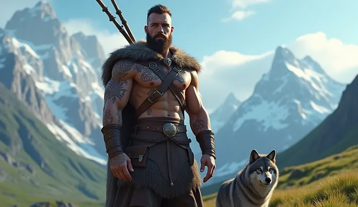 the best quality, very high resolution, detailed 4K CG, Masterpiece artwork, augur, Nordic Deuses, handsome man holding bagpipes plus a wolf, rune tattoos, viking, Celtic mountains, blue sky, Norse mythology, viking rune tattoo, beautiful aesthetic, Beauti...