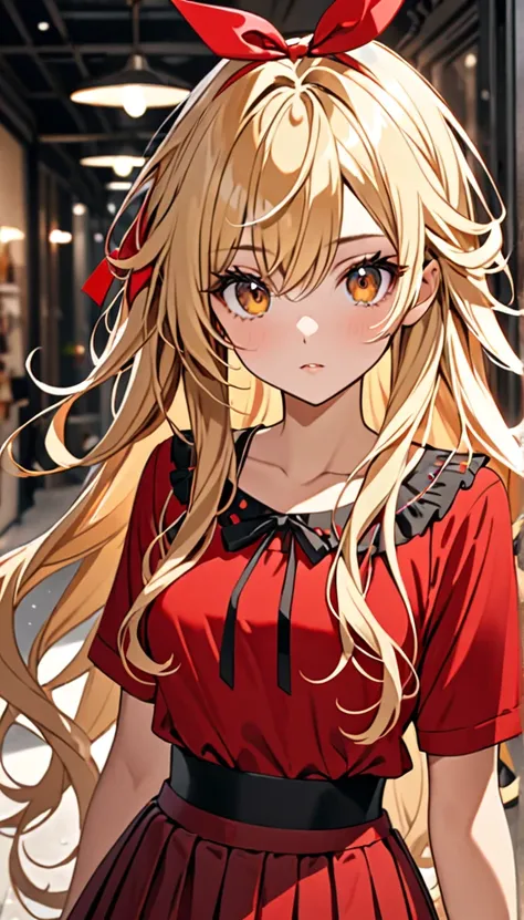 Beautiful and blond, messy styled hair, long hair, red ribbon, red top, stylish skirts, looking at the viewer 