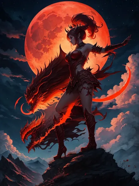  demon princess, red wings, with graceful pose on the mountain, with orange moon and clouds, night concept, made in water color style, hd quality 