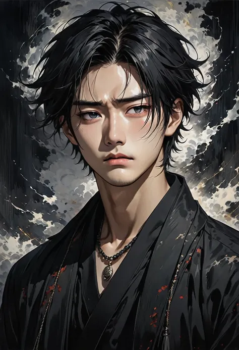 A 28-year-old Asian male with a dark and twisted background. He has a sharp facial structure with a melancholic yet intense expression. His eyes are narrow, reflecting emptiness and pain, but occasionally show unexpected gentleness. His hair is slightly me...