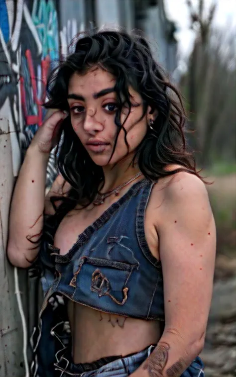 a homeless femboy, dirty clothes, rag clothes, ripped clothes, wearing womans clothing, detailed face, beautiful detailed eyes, beautiful detailed lips, extremely detailed facial features, longeyelashes, messy hair, sad expression, outdoors, urban environm...