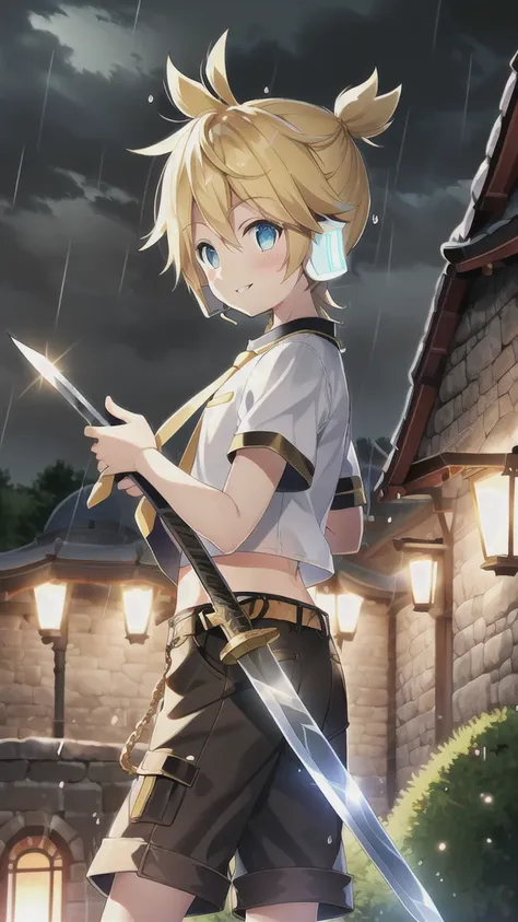 10 year old boy, Kagamine Len, cute, side view, over small crop top, shorts, necktie, earphone, parted lips, light blush, holding a medieval style sword in a rainy dark night, confidently smiling