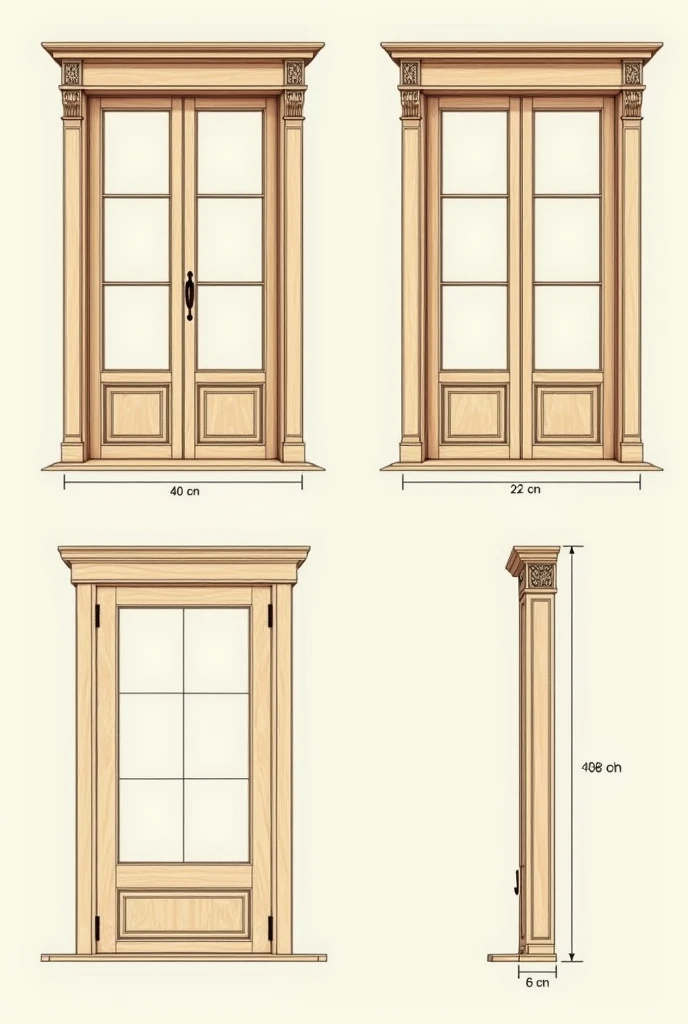 A basic animated drawing image of a French window that is an elegant wooden type. Plan Front elevation Side elevation Back elevation Isometric