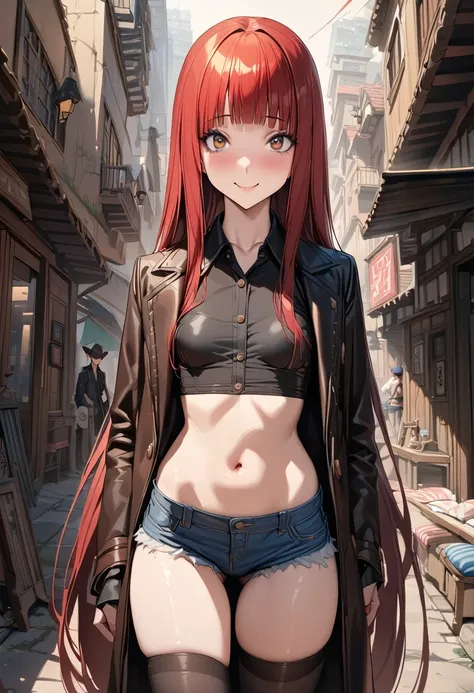 ((masterpiece,best quality anime,Highest quality:1.3)),realistic,cowboy shot,(30 year old beauty),gunslinger,1woman,独奏,((very small head:1.4)),((very long body:1.3)),(red hair),bangs,straight long hair,gorgeous big eyes,brown eyes,smile,((Black leather lon...