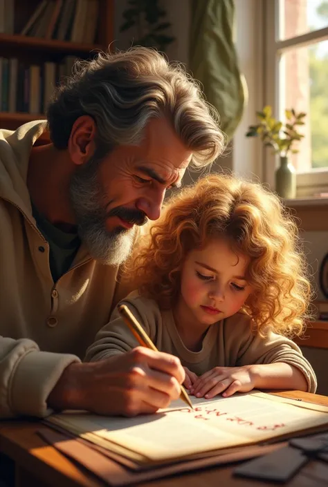 30-year-old dad teaches Galician daughter with golden curly hair how to write