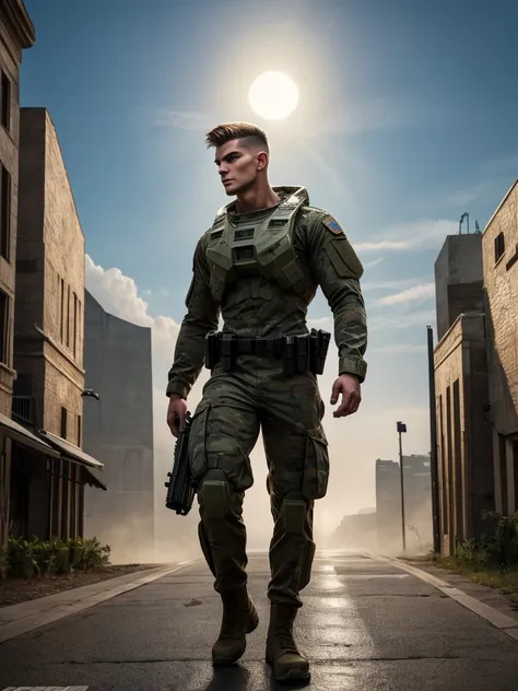 Ultra-detail, (highres:1.1), best quality, (masterpiece:1.3), handsome 19yo shirtless Halo officer, skinny muscled, perfect biceps, great pecs, thin waist, perfect jawline, modern haircut, dynamic posture posing, full body from below, from side looking for...