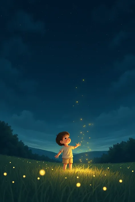 Create an image of a field at night with stars and a child trying to catch fireflies
