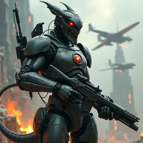 (dragon terminator cyborg in armor with weapons (blaster 1.2)), (3 bodies 1.3), Full body image, (complex elements), (Cyberpunk Style 1.5), (futurism 1.2), robotic eye, (on spaceship 1.3), there is war in the background, planes are flying