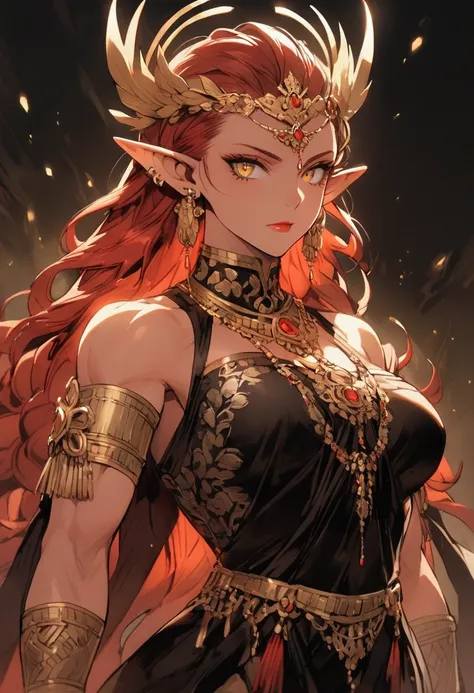 Female elf, age 26, tall and muscular, red hairs piercing yellow eyes, she looks intimidating and dressed like a warrior