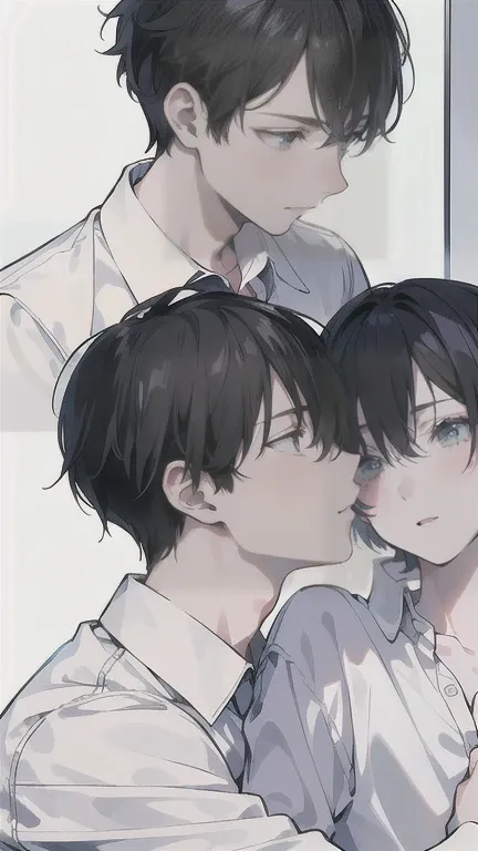 (Masterpiece), (Best Quality), Very detailed, (( a couple guy:1.3)), Perfect Face, Beautiful Face, Very detail, (short Black-haired man 1.3), (short White-haired man with 1.3)、white shirt, they love each other, facing away from the camera, kisses