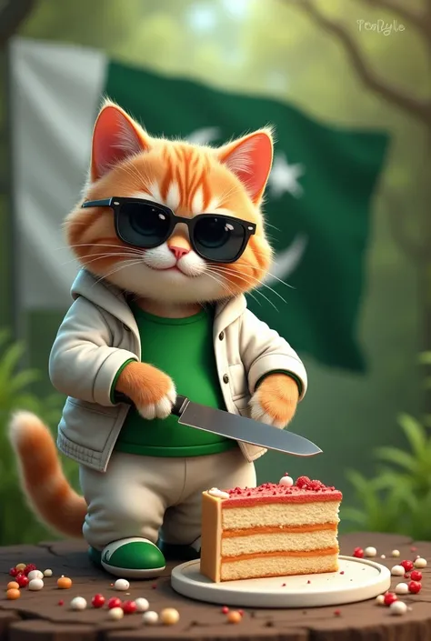 A cat is cutting a cake with a knife with a natural background in Pakistan They are holding a flag in celebration of August 14 of Pakistan.     The cat is wearing a green t-shirt, a white jacket, white pants, green shoes and sunglasses HD Picture 