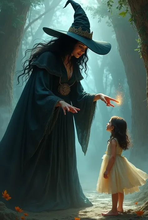 

((woman, female, feminine woman)), (highly perfect realistic) fat witch with black hair and hat, witch pointing her finger at a child blond hair 8 years old in a white pink dress blonde hair golden yellow disney drawing