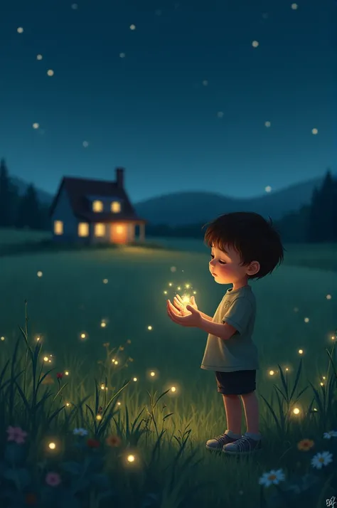 Create a night image in a field with a house in the background and a child approximately 12 to 11 years old trying to catch fireflies in a 2D theme