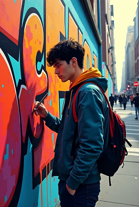 Pop art of a young man doing graffiti on a wall