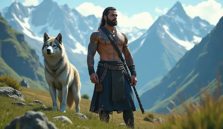 the best quality, very high resolution, detailed 4K CG, Masterpiece artwork, augur, Nordic Deuses, handsome man holding bagpipes plus a wolf, rune tattoos, viking, Celtic mountains, blue sky, Norse mythology, viking rune tattoo, beautiful aesthetic, Beauti...