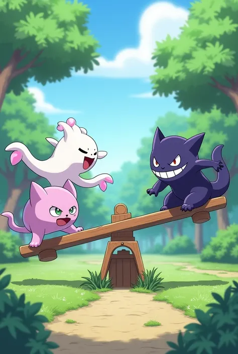 Pokemons Gastly, haunter and gengar playing on a seesaw in a park