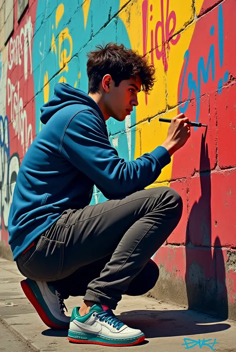 Pop art of a young man doing graffiti on a wall