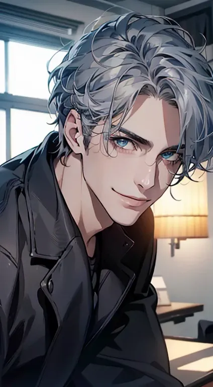 (best quality,4k,8k,highres,masterpiece:1.2),ultra-detailed,(realistic,photorealistic,photo-realistic:1.37),1 man,31 years old,mature man,very handsome,without expression,smile,short grey blue hair,blue eyes,penetrating, CEO in his office, huge with classi...