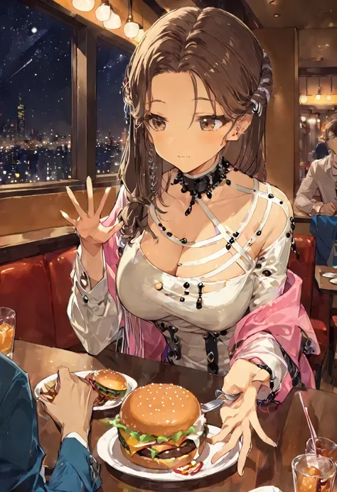 1girl, brown hair, brown eyes, pink and white clothes fully clothed, in restaurant, nighttime, mans arm giving her burger, reaching out for burger from 1boys hand