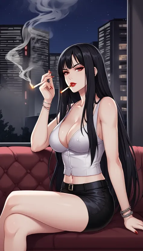 A woman holding a cigarette is gazing into the distance, Black Hair, Long Hair, The tip of the cigarette is red and smoking, Late at night, I&#39;m leaning my elbows on the balcony and looking at the stars, Wearing a tight black T-shirt and jeans, barefoot...