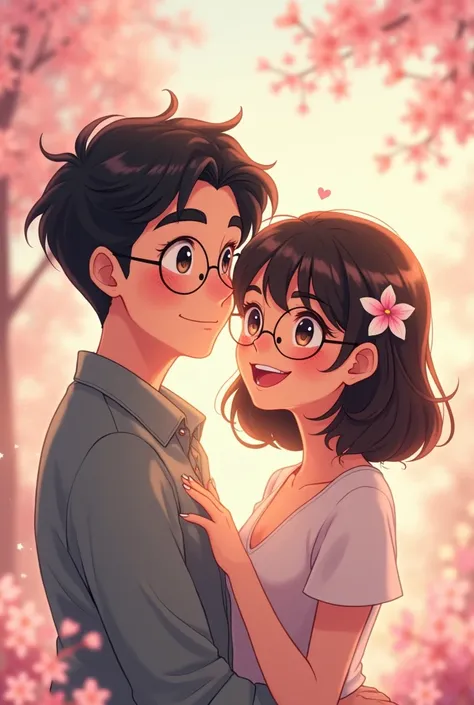 I want an anime couple with a man with thick eyebrows wearing round glasses and a girl with bangs also wearing round glasses