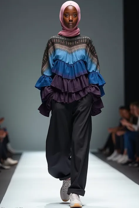 Tall black girl walking on the catwalk with glasses, Stylish Linen Clothing for Muslim Women, the color of the clothes is blue, turning into black, with ruffles , very wide trousers pink , the silhouette does not fit the figure , the clothes are very loose...