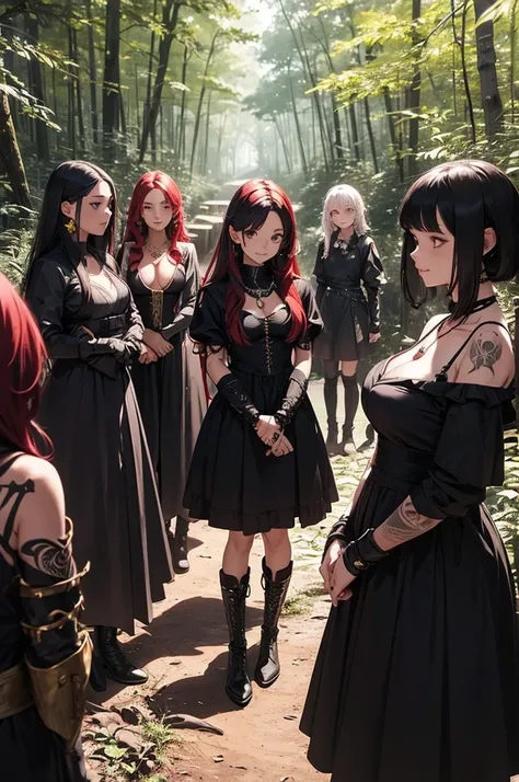 a group of beautiful witch girls in the middle of a forest in the night, tribal tattoo ,multiple girls, military , five girls, black and red hair , standing girl young girl, gloves, elbow pads, boots, smiles, small breasts, long black dress, necklaces, jew...