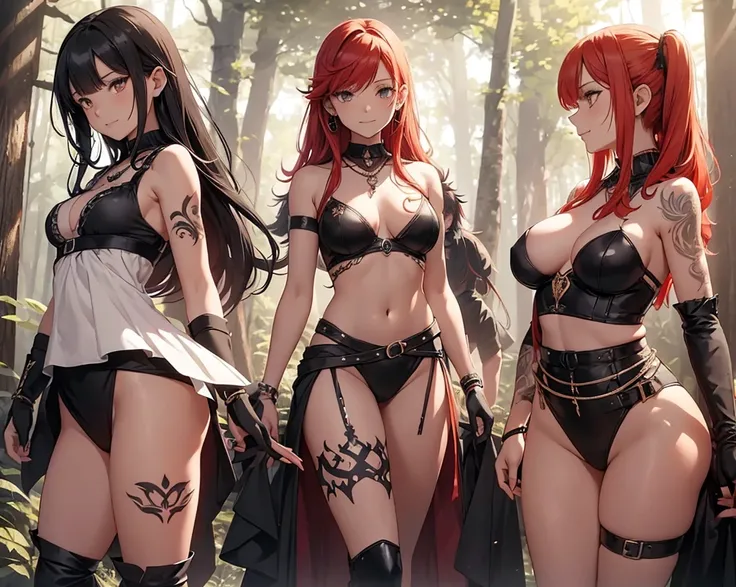 a group of beautiful witch girls in the middle of a forest in the night, tribal tattoo ,multiple girls, military , five girls, black and red hair , standing girl young girl, gloves, elbow pads, boots, smiles, small breasts, long black dress, necklaces, jew...