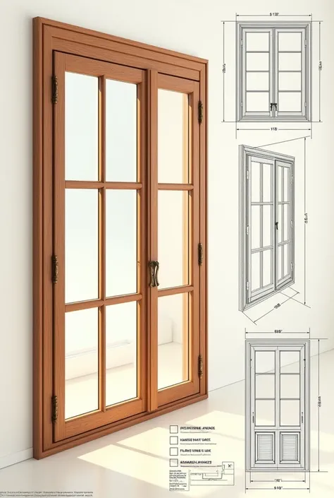 An animated basic drawing image of a French window that is elegant wood type, with 1.Floor 2.Front raise 3.Lateral Raise 4.Rear elevation 5.isometrico